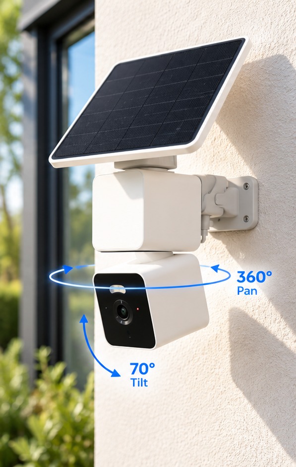 NOTABLU Solar Cam aan een Nederlandse gevel · 360° pan en 70° tilt