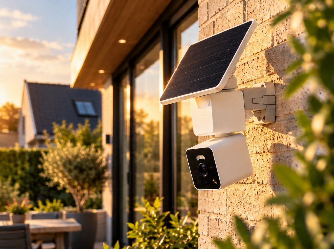 Solar Cam & paneel aan Nederlandse gevel · avondzon