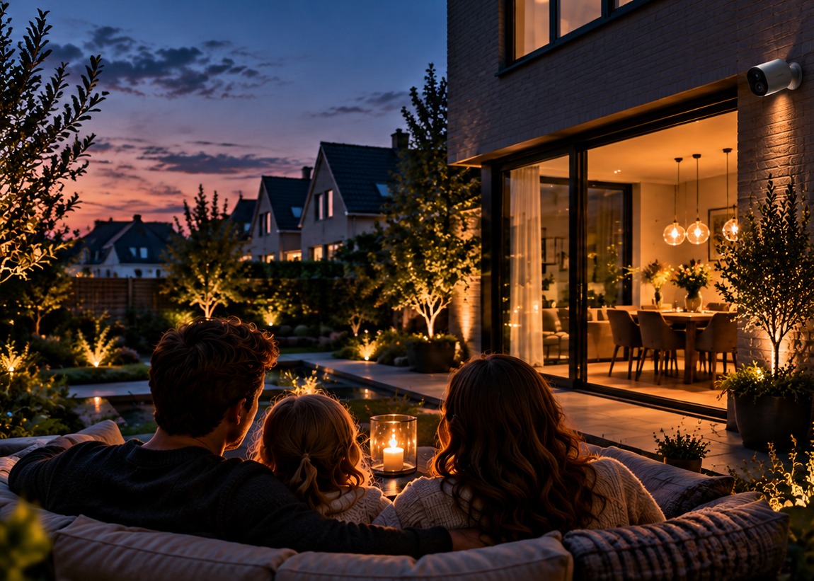 Gezin in de tuin van een Nederlandse woning in de schemering · camera aan de gevel
