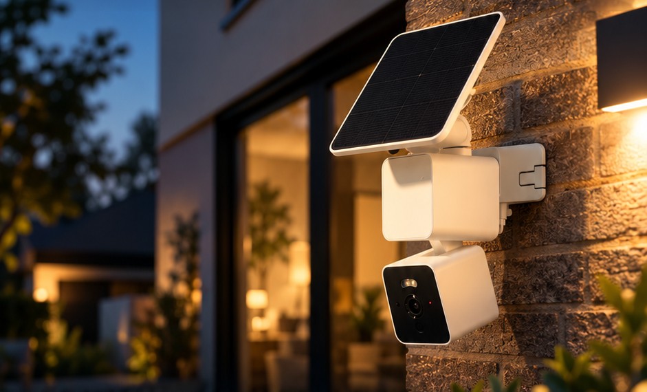 Solar Cam met paneel op Nederlandse bakstenen gevel