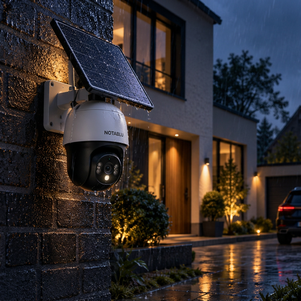 NOTABLU Solar Cam en zonnepaneel op een natte villamuur